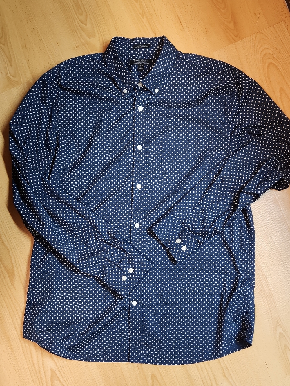 Banana Republic Navy and White Polka Dot Button-Down Shirt